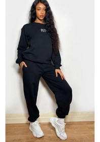 Resim Plt Minimal Eşofman Takımı Sweatshirt Jogger - Baskılı Oversize Bisiklet Yaka Şardonlu Lastik Paça Siyah 