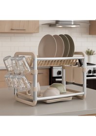 Resim Premium Alüminyum Bulaşıklık Paslanmaz 2 Katlı Bardak Tabak Kurutma Sepeti Krem 