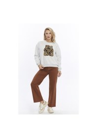 Resim Gidia Kadife Ayıcıklar Desenli Gri Melanj Yumuşak Dokulu Regular Fit Bisiklet Yaka Kadın Sweatshirt Grimelanj 
