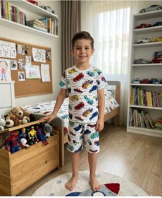 Resim Aliş Kids Erkek Çocuk Pamuklu Beyaz Araba Desenli Kısa Kollu Şortlu Yazlık Pijama Takımı 