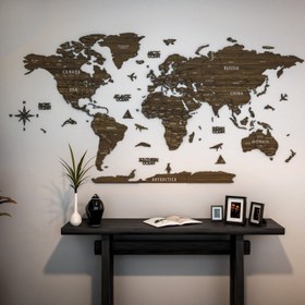 Resim Ahşap Dünya Haritası - Çok Katmanlı 3D Ahşap Duvar Dekoru (Betül) - 200x107 cm / Fransızca 