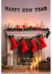 Resim Siyah Happy New Year Yazılı Banner, Özel Gün, Davet Organizasyonu ,yeni Yıl, Yılbaşı Sofrası, Simli Eva Banner 