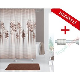 Resim Kahverengi Ağaç Desenli Boru Hediyeli Banyo Perdesi Kahverengi 
