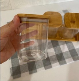 Resim 3 Lü Bambu Standlı Kare Kavanoz Seti Baharatlık Seti Baharatlık Bambu 