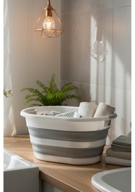 Resim Snippy Accord - Silikon Katlanabilir Çamaşır Sepeti - Akordiyon Katlanır Sepet Kirli Sepeti Oval 25 Lt Beyaz - Gri 
