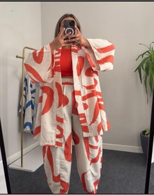 Resim Tommes Butik Keten Desenli Kadın Kimono Şalvar Takım 
