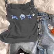Resim Canlı Deniz Hayatı Baskılı Kolsuz Üst - Kolsuz, Karın Kontrolü, Polyester Örgü, Tüm Mevsim Giyim, Yıldız Balığı, Deniz Kabukları ve Deniz Atı Tasarımı ile Stil Kolsuz Üst | Genç Tasarım | Örgü Yapısı 