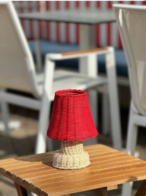Resim Kırmızı Rattan & Bambu Masa Üstü Kablosuz Pilli Abajur Alt- Üst Rattan Masa Lambası 