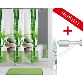 Resim Tropikhome Bamboo Banyo Perdesi Askı Hediyeli 180x200cm Tek Kanat Duş Perdesi, Yeşil Banyo Duş Perdesi 