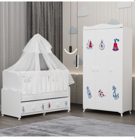 Resim Elegant Beşik Ve Yıldız 3 Kapaklı Dolap Yatak Uykuseti - Denizci Beyaz 