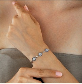 Resim 925 Ayar Gümüş Üçlü Nazar Boncuğu Taşlı Zincirli Bileklik Gümüş 