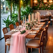 Resim Şık bir şekilde dekore edilmiş beyaz/pembe/şampanya/şarap kırmızısı tül. Düğünler, doğum günleri ve Sevgililer Günü gibi büyük etkinlikler için mükemmel. Düğün masa örtüleri, ev masa örtüleri, açık hava partileri, tören resepsiyonları ve romantik etkinlikler için uygun. Dolu bir atmosfer 