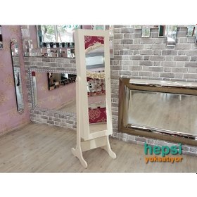 Resim Ayna Denizi Klasik Model Krem Renk Ayaklı Boy Aynalı Takı Dolabı 
