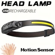 Resim USB Şarj Edilebilir 300mAh Pil ile Hareket Sensörlü LED Baş Lambası, Kamp Yürüyüş Balıkçılık için COB Sel Işığı - Eller Serbest Ayarlanabilir Kayış, Açık Hava Etkinlikleri için Hafif Taşınabilir Işık, Kamp Aksesuarları 
