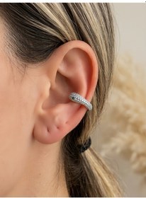 Resim Minimal Yılan Model Zirkon Taşlı Kıkırdak Cuff Gümüş Renk Küpe Silver 
