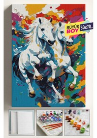 Resim Sayılarla Boyama Seti Numaralı Tuval Fırça Boya Dahil Kasnaklı Set 50x70 Cm -beyaz Renkli Atlar 