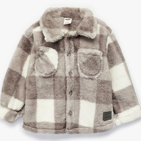 Resim Erkek Bebek Uzun Kollu Cepli Düğme Detaylı Ekoseli Peluş Mont 