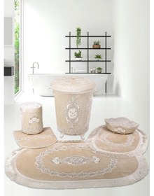 Resim Exclusive Vizon 6'lı Çeyizlik Dantelli Banyo Paspası Sepet Seti Vizon 