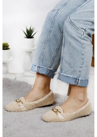 Resim Peluş Tüylü Zincirli Kadın Ev Ayakkabısı Panduf Bej 