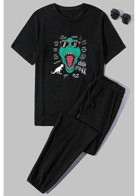 Resim Unisex T - Rex Baskılı 2'li Eşofman Takımı Siyah 