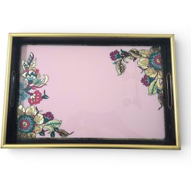 Resim Sudedi Home Pembe Zeminli Çiçek Desenli Altın Çerçeveli Melamin Sunum Tepsisi 31x46 Cm Pembe 