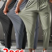 Resim 3'lü Erkek Spor Pantolon Seti - Bel İpli, Fermuarlı Cep, Rahat ve Nefes Alabilir Yüksek Esnek Kumaş, Dış Mekan Koşu, Spor Salonu, Günlük Pantolon, Dokuz İnç Pantolon 