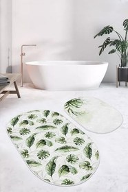 Resim RealHomes Beyaz Zemin Yeşil Tropik Yaprak Motifli 2'li Oval Kaymaz Tabanlı Banyo & Mutfak Paspas Takımı, PaspasTakimiElips-2li-Set310 