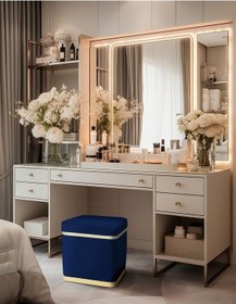 Resim Zengo Gold Twin Line Kare Puf -mavi Kumaş, Dekoratif Makyaj Masası Pufu-modern Style 