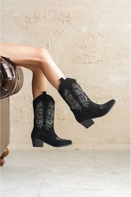 Resim GOFFSHOES Kadın Meloni Kovboy Çizme - Siyah Süet 