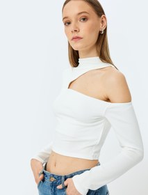 Resim Omzu Açık Pencere Detaylı Uzun Kollu Crop Tişört 