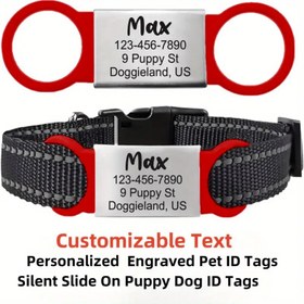 Resim 1 adet Özel Kırmızı Oymalı Köpek Kimlik Etiketi - Ad, Telefon Numarası ve Adres ile Kişiselleştirilmiş Kaydırma Köpek Kemer - Dayanıklı Paslanmaz ve Silikon, Lazer Oymalı, Aşınmaya Dayanıklı, Küçük, Orta ve Büyük Köpekler için Mükemmel, Köpek Kemer, Köpek Güvenlik Aksesuarı, Lazer Oyma 