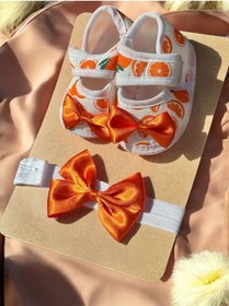 Resim Genel Markalar Kız Bebek PORTAKAL Meyveli Fiyonklu Patik Ve Bandana Takım 