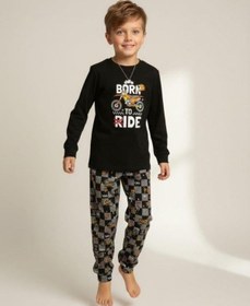 Resim Zekids Erkek Çocuk Pamuklu Born To Ride Baskılı Pijama Takımı-16820 Siyah 