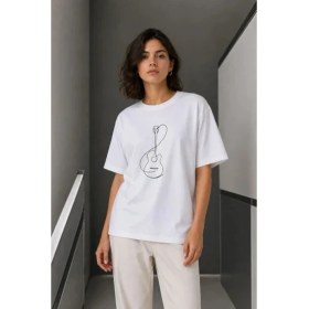 Resim Çamaşır Kenti Minimal Gitar Baskılı Tişört Tshirt Yazlık Kısa Kol Bisiklet Yaka Tshirt 
