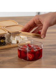 Resim Porsima Hf009009 Kare 4lü Hava Geçirmez Bambu Standlı Cam Kahvaltılık Seti Bambu Kapaklı Saklama Kabı 250ml Şeffaf 