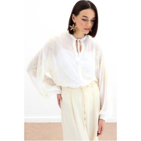 Resim Sateen Nakışlı Şifon Gömlek - Krem-136178 Krem 