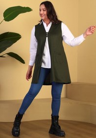 Resim Ferace Kadin Tesettur Giyim Yazlik Likrali Yelek Buyuk Beden Dügmeli Yelek Haki 
