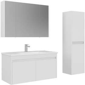 Resim Orka Arno 100 Cm Parlak Beyaz Kapaklı Banyo Dolabı Takımı Ve Boy Dolabı Beyaz 
