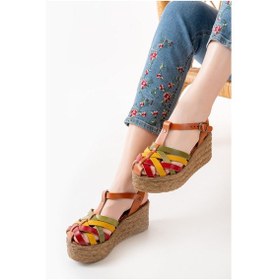 Resim 684-02 Multi Ortopedik Hakiki Deri Dolgu Kadın Sandalet Altın - Taba 