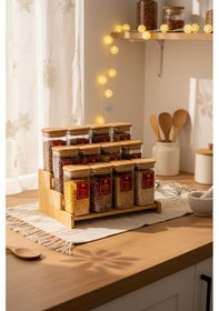 Resim Snippy Lunver - 12'li Ahşap Standlı Vakumlu Etiketli Akrilik Saklama Kabı Baharatlık Seti 350 Ml Ahşap 