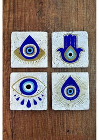 Resim Baskılı Doğal Taş Bardak Altlığı 4'lü Set 10x10x1 Cm Nazar Boncuğu Desenli Çok Renkli 