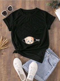 Resim Hamile Gebe T-shirt Bebek Fermuar Baskılı - Siyah Bisiklet Yaka Oversize Tişört 