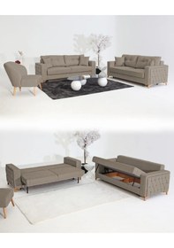 Resim Nola Koltuk Takımı 3+3+1 & Bazalı Yataklı Koltuk & Kanepe - Keten Latte 