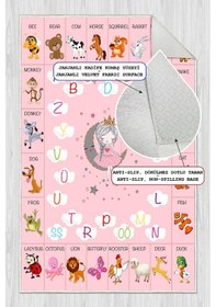 Resim Dijital Baskılı Dekoratif Kaymaz Taban Yıkanabilir Alfabe Temalı Modern Çocuk Halısı Pembe 