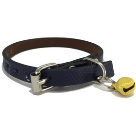 Resim Lacivert Kendinden Desenli Derili 1 CM Zilli Kedi Tasması 