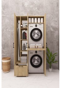 Resim Mdf Çamaşır Makinesi Ve Kurutma Makinesi Dolabı Ütü Masalı Kapaklı Ahşap Lefkas Meşe 
