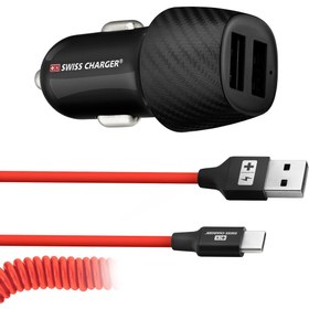 Resim SWISS CHARGER Swiss Charger 17w 2xusb Hızlı Araç Şarj Adaptörü Ve Usb To Type-c 1,5m Spiral Kablo Seti 