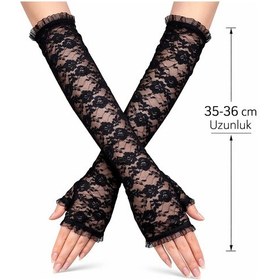 Resim Uzun Zarif Dantel Eldiven Parmaksız Siyah 35 Cm +0 