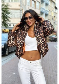 Resim Keyifli Moda Kadın Leopar Desenli Dik Yaka Kısa Şişme Mont - 42 Kahverengi 