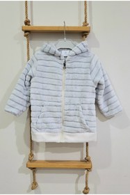 Resim Alpar Tekstil Kapşonlu Peluş Welsoft Kız-erkek Çocuk-bebek Hırka-ceket /beyaz Çizgili 